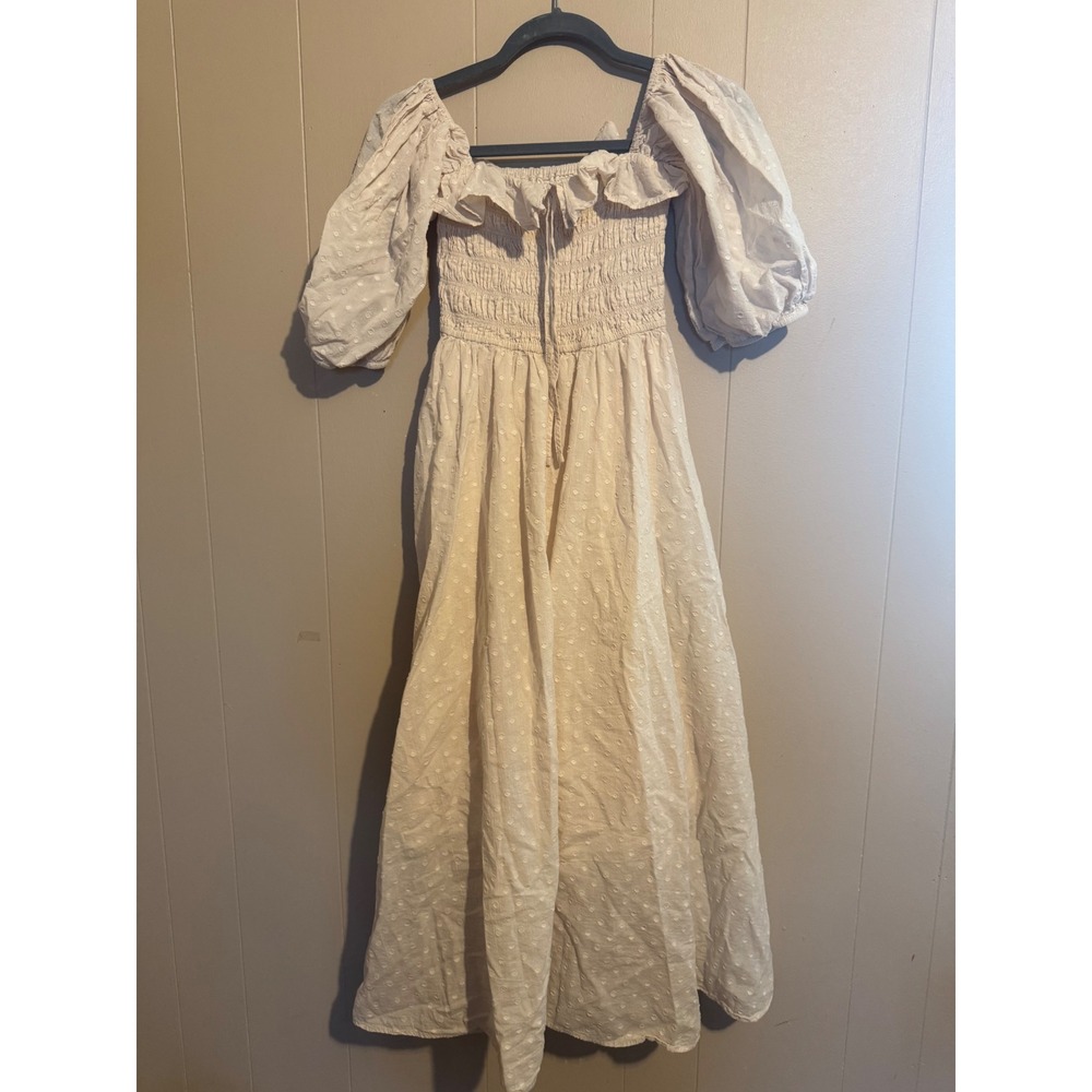 WHITE XS Swiss Dot Smocked Off Shoulder Maxi Dress Cottagecore Boho Prairie - Picture 6 of 10